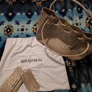 Brahmin Beige Crocodile Embossed Shoulder Bag